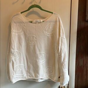 Peace Love World White Smiley Mesh Long Sleeve Sweater